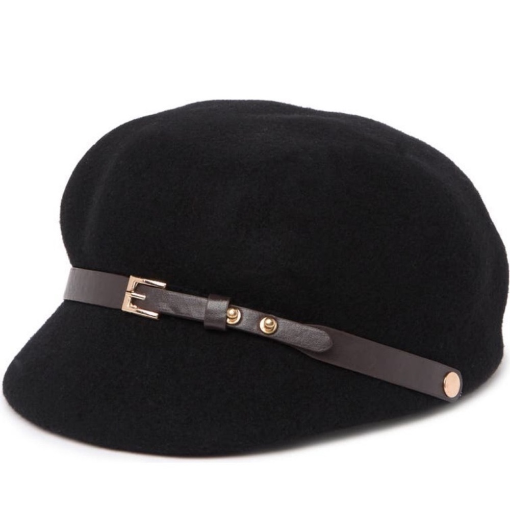 NWOT Nordstrom BUCKLED TRIM NEWSBOY CAP IN BLACK COMBO